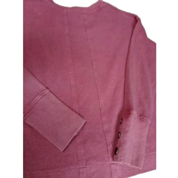 Jane + Delancey Pink Waffle Knit Top Button Cuff V-Neck Pullover Thermal L - Picture 7 of 12